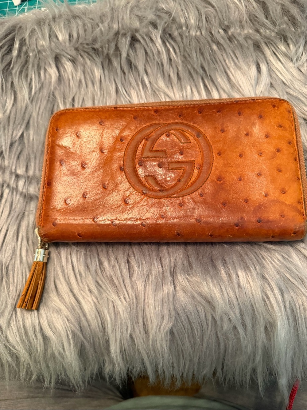 Gucci Soho Tan Ostrich-Embossed Leather Zip Wallet with Tassel